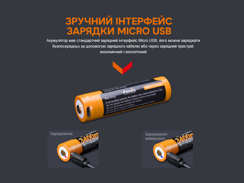 Аккумулятор 18650 Fenix ​​(3400 mAh) micro usb зарядка 94950 фото