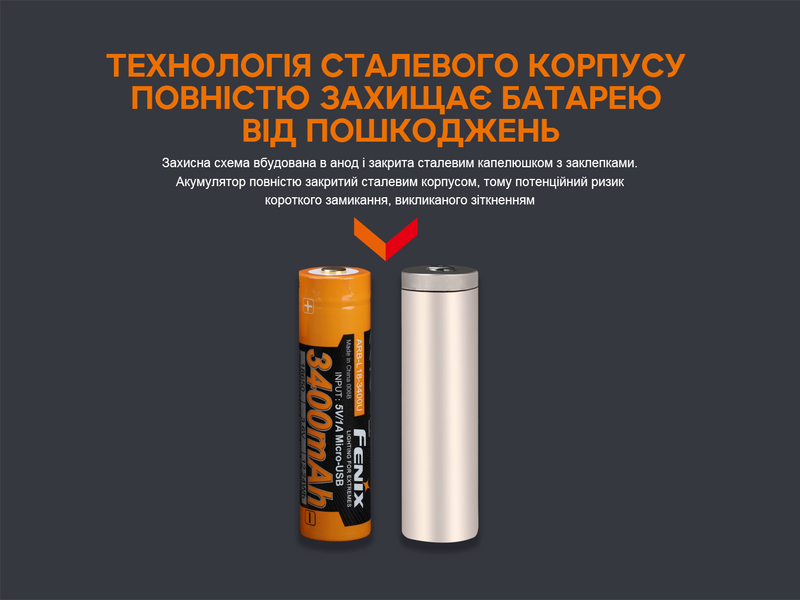 Акумулятор 18650 Fenix (3400 mAh) micro usb зарядка 94950 фото