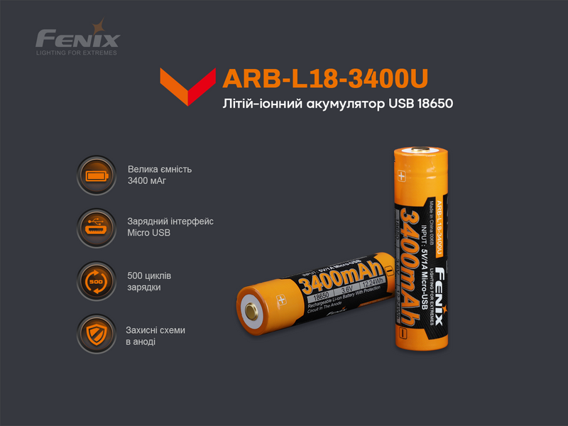 Аккумулятор 18650 Fenix ​​(3400 mAh) micro usb зарядка 94950 фото