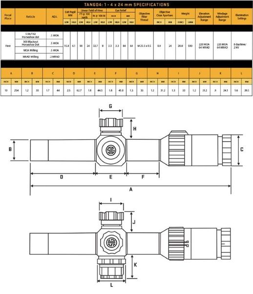 Прицел оптический SIG Optics TANGO4, 1-4x24 FFP (Horseshoe Dot 5,56/7,62) 5002799 фото