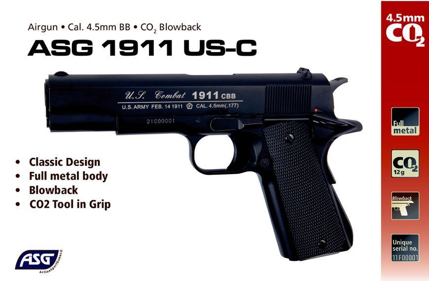Пистолет пневматический ASG US-C СО2 калибр 4,5 мм BB 23704453 фото