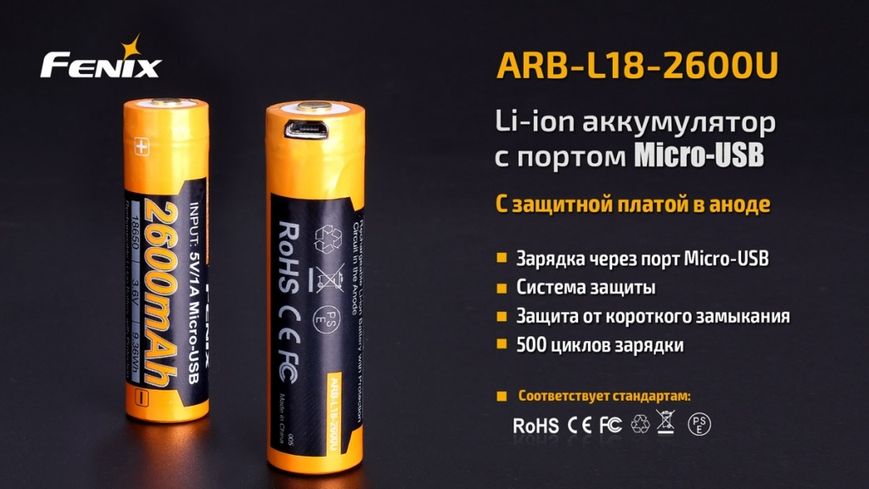 Акумулятор 18650 Fenix (2600 mAh) micro usb зарядка 40698 фото